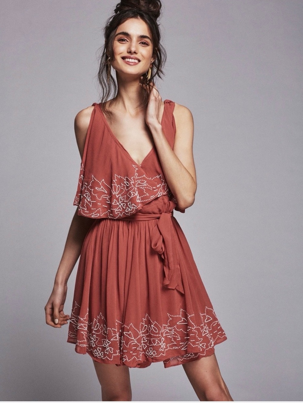 Free People Rust Floral Embroidered Mini Dress